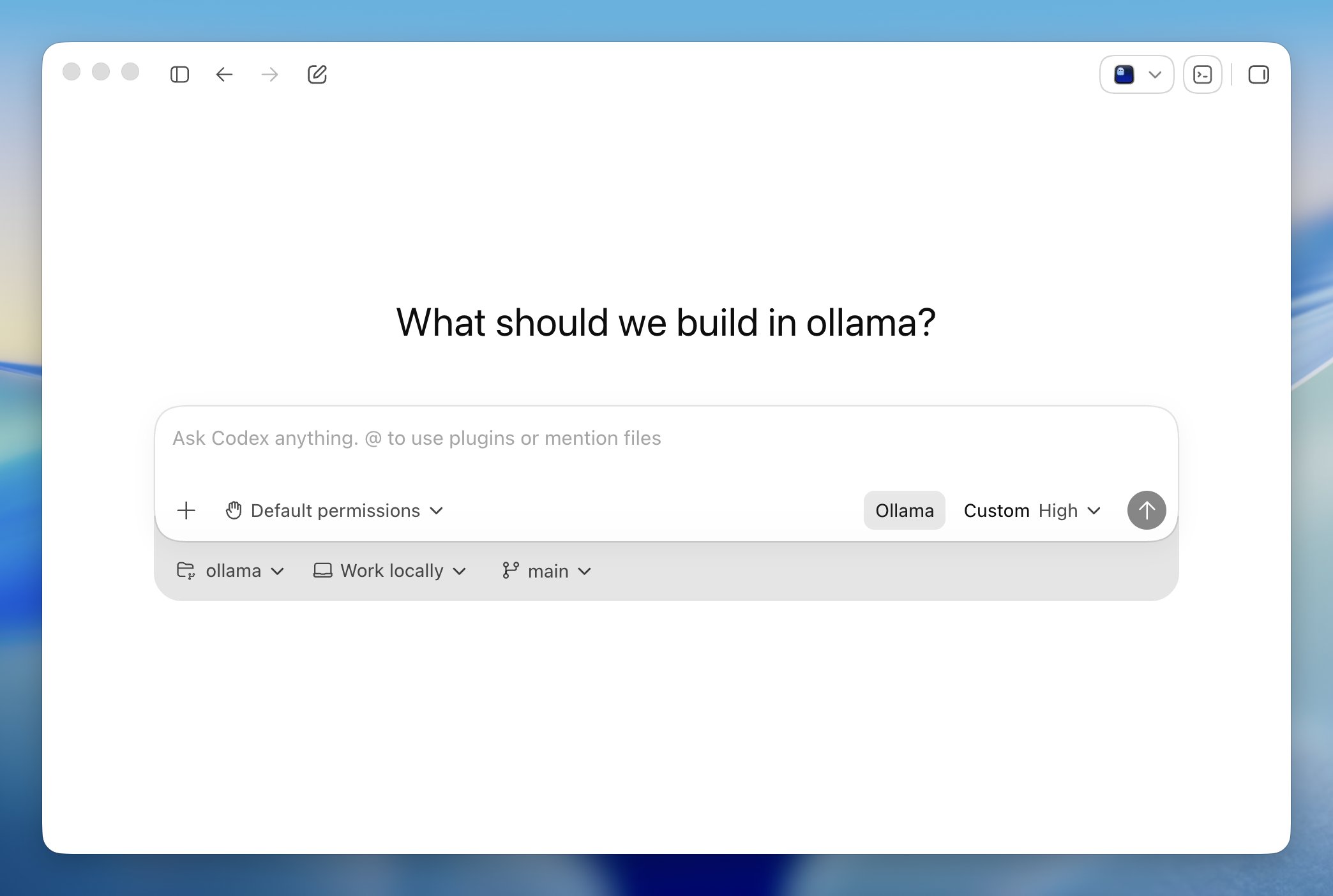 Ollama 데스크톱이 Codex 앱을 호스팅하는 화면