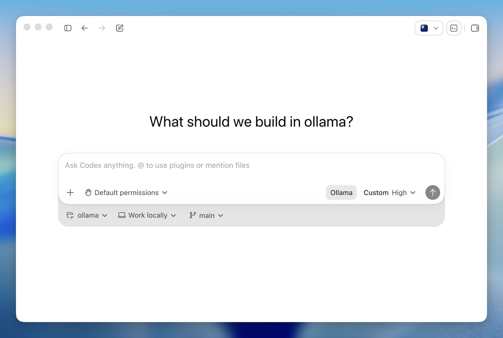 Ollama 데스크톱이 Codex 앱을 호스팅하는 화면