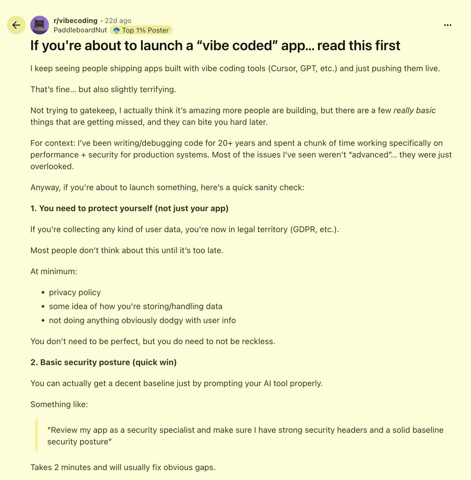 바이브 코더에게 던지는 출시 전 체크리스트 (r/vibecoding)