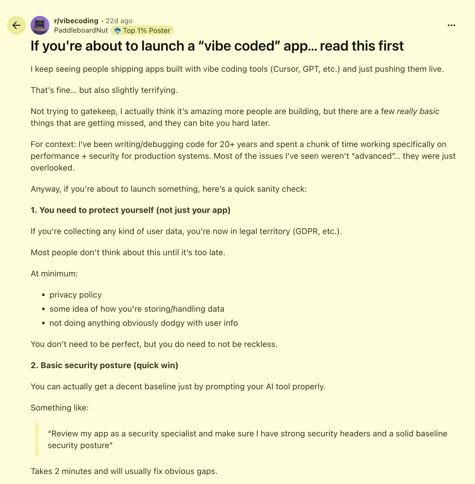 바이브 코더에게 던지는 출시 전 체크리스트 (r/vibecoding)
