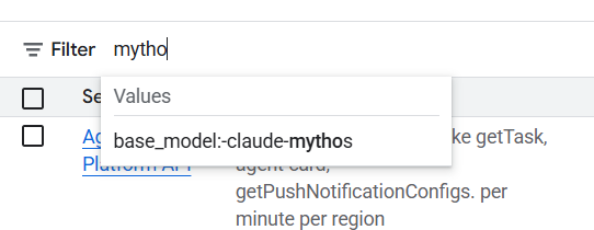 Google Cloud Console 필터 — base_model에 claude-mythos가 잡힌 스크린샷