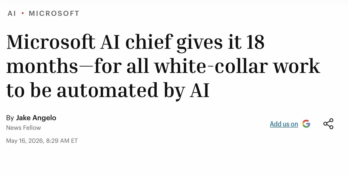 Fortune 헤드라인 — Microsoft AI chief gives it 18 months for all white-collar work to be automated by AI
