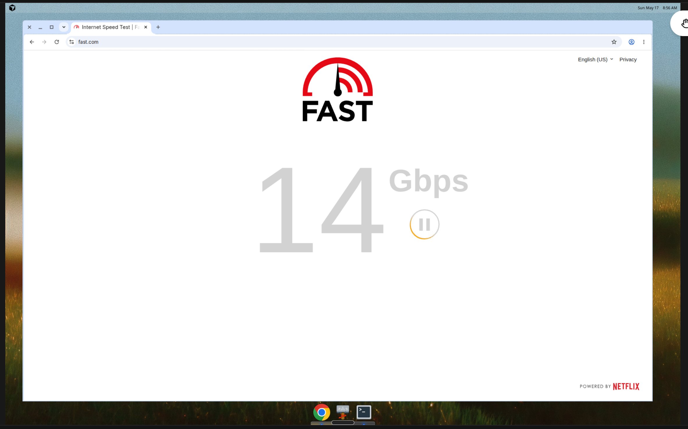 Cursor cloud agent 내부에서 fast.com 14 Gbps 측정 화면
