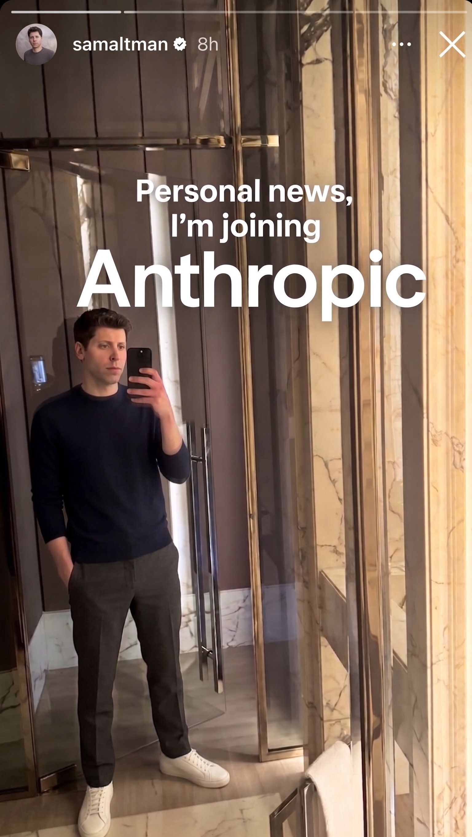 X에서 돈 농담 밈 — Sam Altman 가짜 인스타그램 스토리 "Personal news, I'm joining Anthropic" 거울 셀카