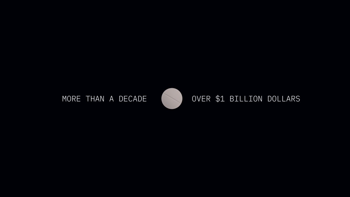 Kosmos × Incyte 키 비주얼 — 검은 배경 위에 알약 하나, *"MORE THAN A DECADE / OVER $1 BILLION DOLLARS"* 텍스트가 양 옆에 배치
