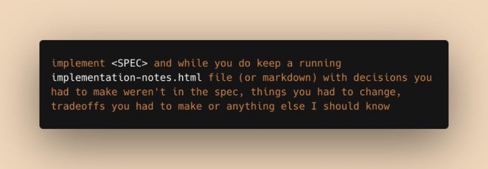 Anthropic 직원의 SPEC 프롬프트 카드 — 어두운 터미널 배경에 'implement <SPEC> and while you do keep a running implementation-notes.html file' 한 단락