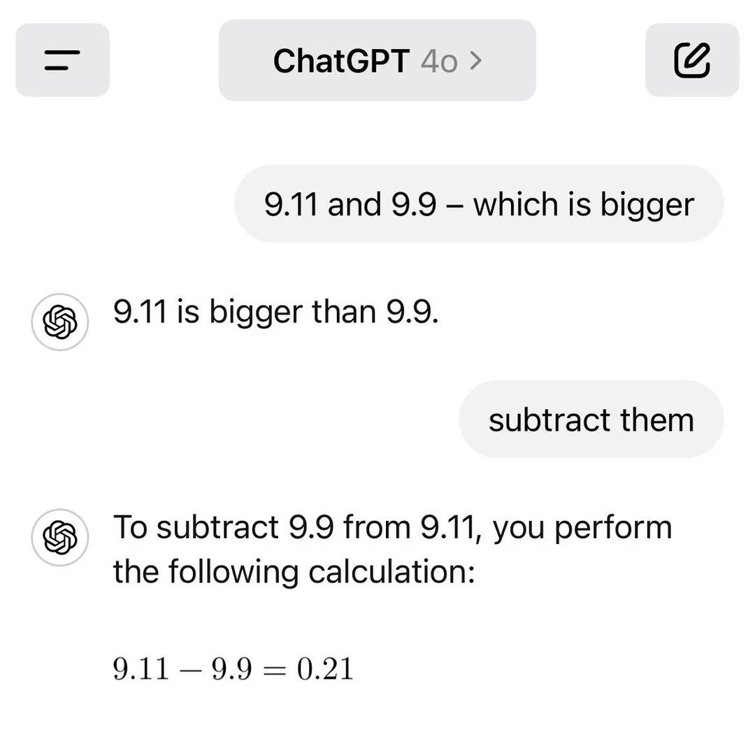 ChatGPT 4o가 '9.11이 9.9보다 크다'고 답한 캡처 - 회의론의 시각 인용