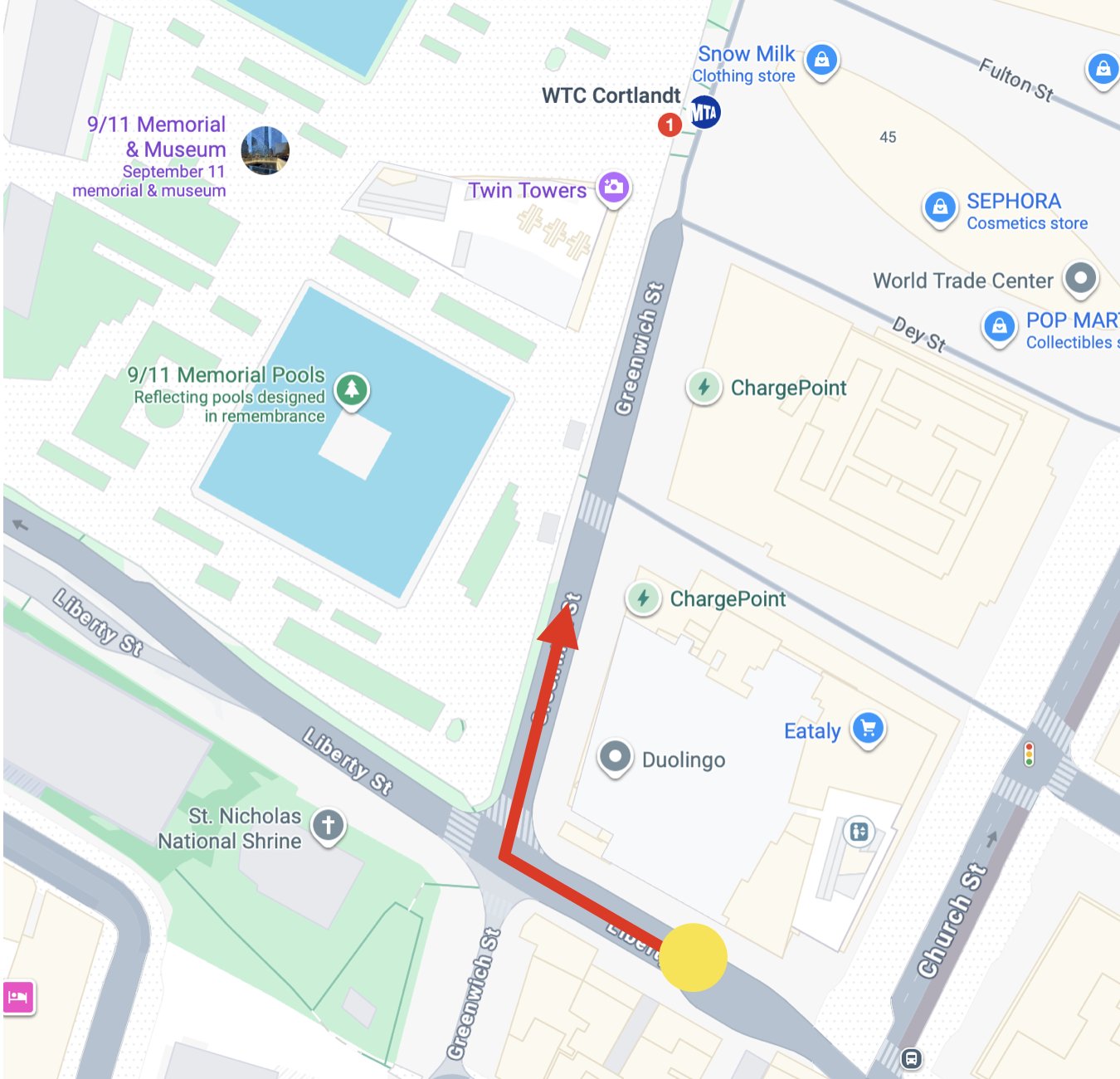 Google Maps 9/11 Memorial 부근, Greenwich St → Liberty St 도보 경로에 빨간 화살표. 이 한 장만으로 Gemini Omni가 *"택시 운전자 1인칭 영상"*을 만든다 — 지도→실사 영상 변환의 첫 본격 사례