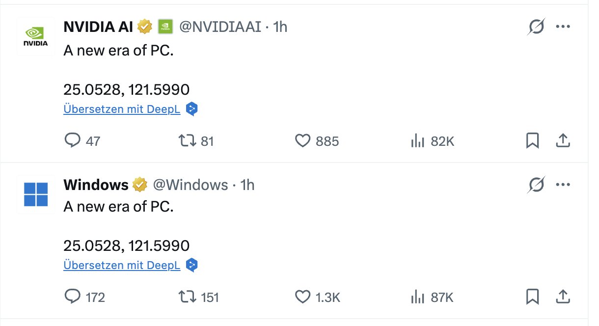 NVIDIA와 Windows가 동시에 올린 동일 좌표 트윗