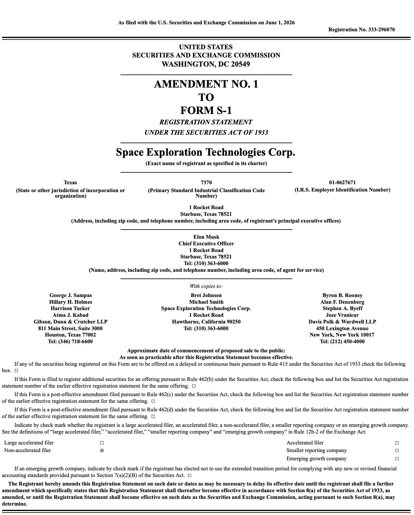 SpaceX Form S-1 수정 신고서(Amendment No.1)
