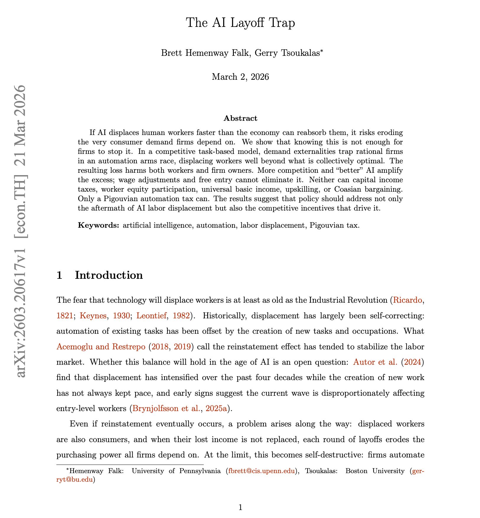 arXiv 논문 'The AI Layoff Trap' 표지