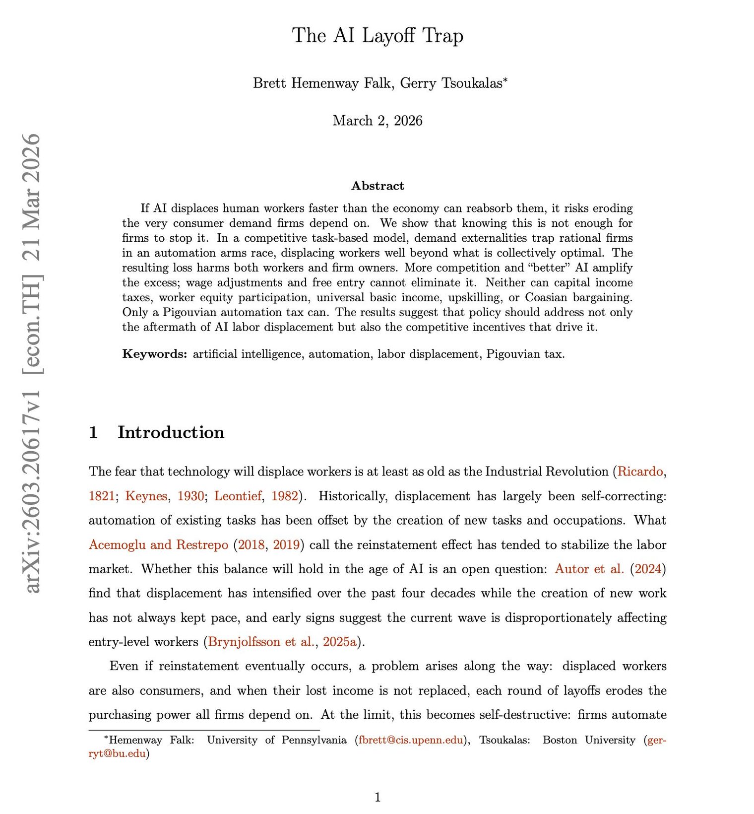 arXiv 논문 'The AI Layoff Trap' 표지