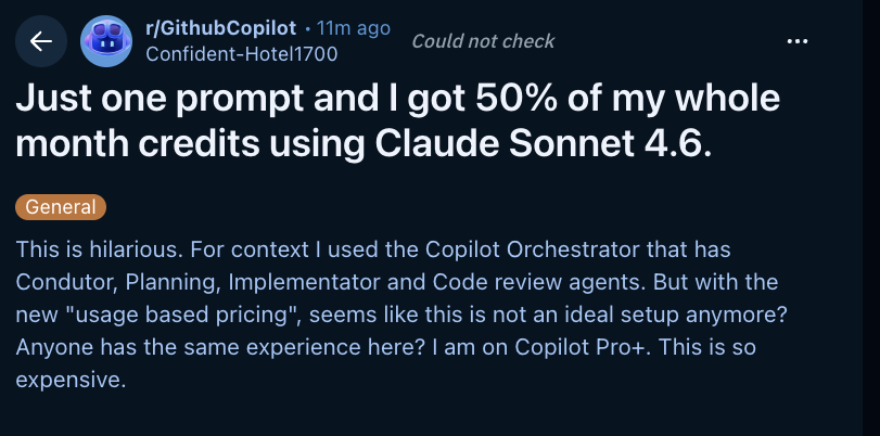 GitHub Copilot 토큰 과금 불만 Reddit 글