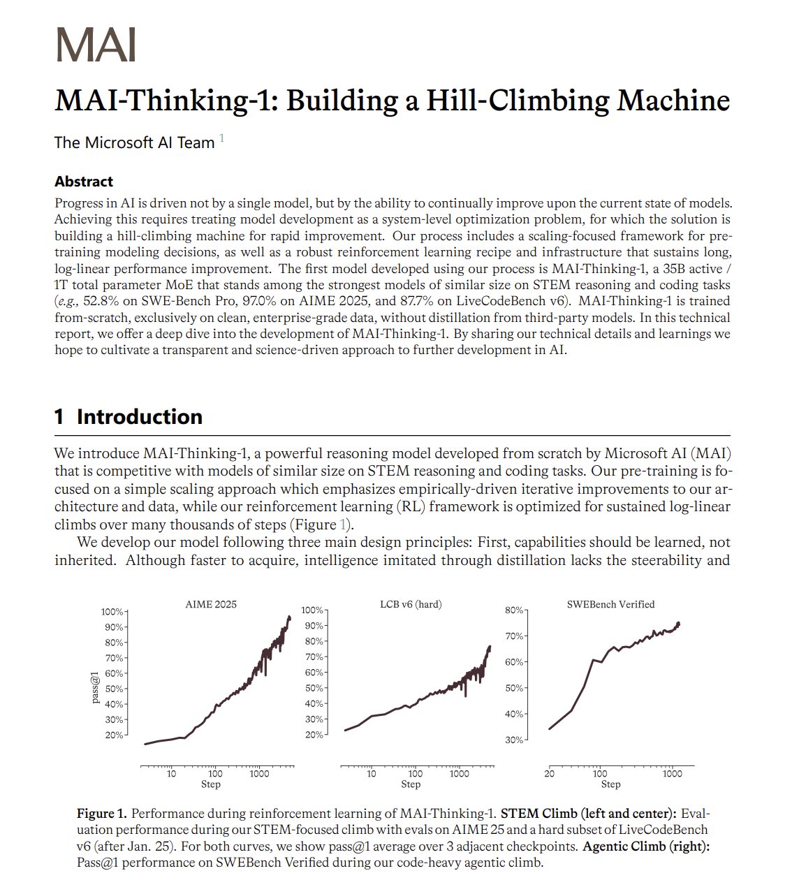 MAI-Thinking-1 기술 리포트 — 35B active/1T MoE, 강화학습 곡선