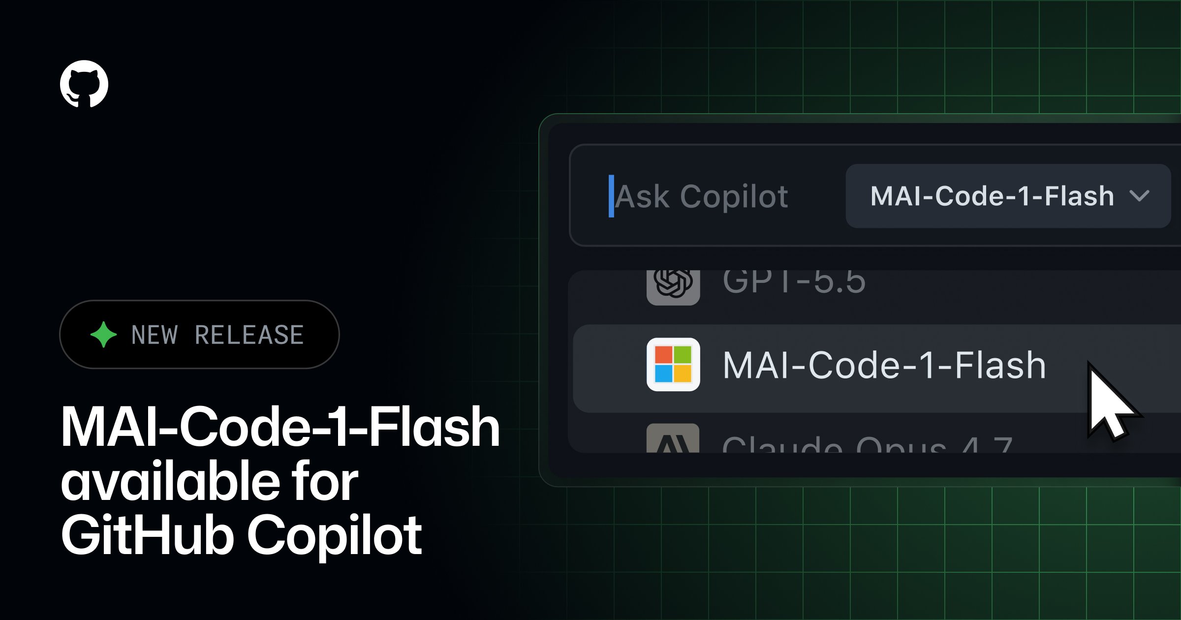 GitHub Copilot 모델 선택창에 MAI-Code-1-Flash가 GPT-5.5·Claude Opus 4.7과 나란히 등장