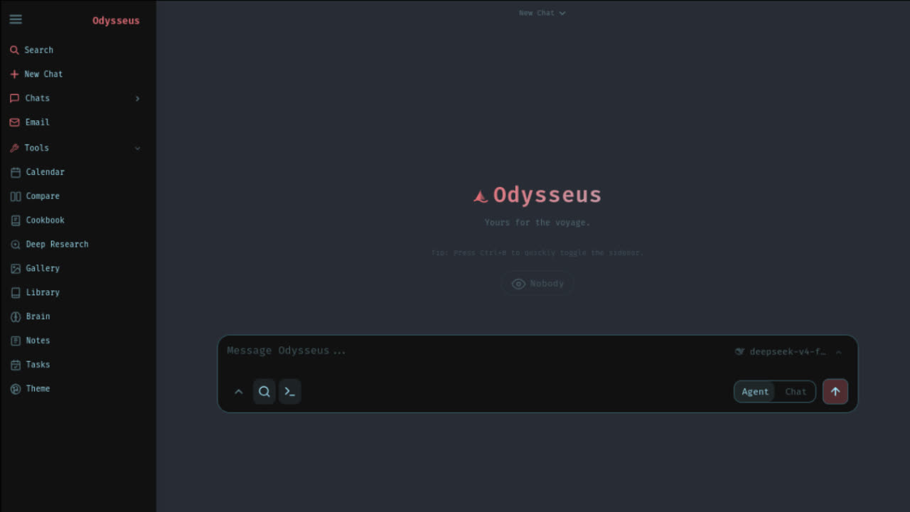 PewDiePie의 오픈소스 AI 앱 'Odysseus' — 로컬 deepseek-v4 구동, 사이드바에 Email·Calendar·Deep Research·Agent 모드