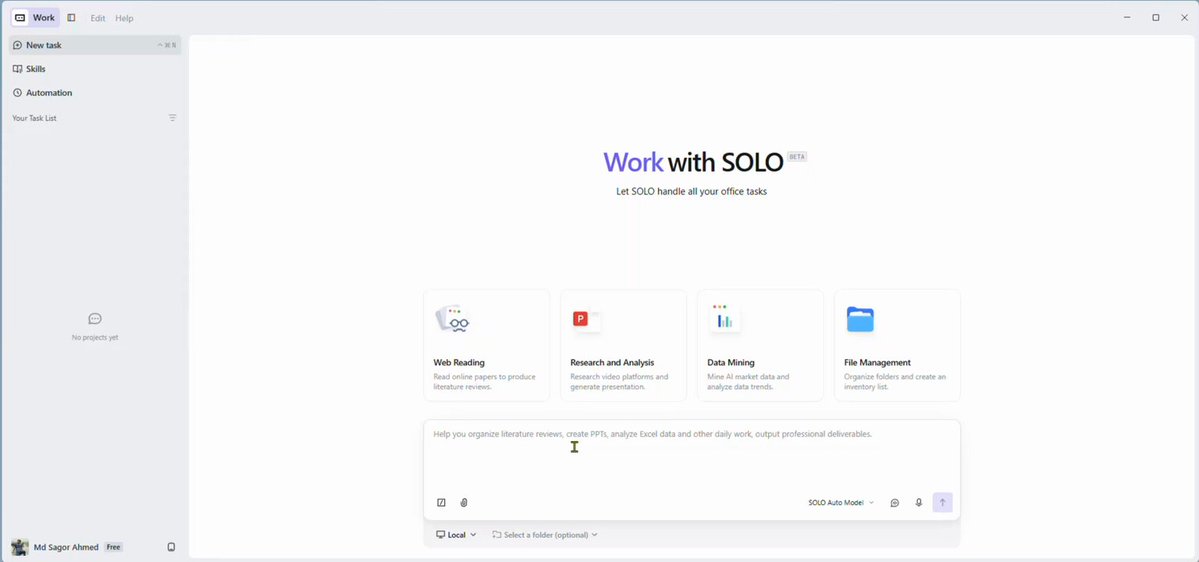 TRAE SOLO — "Let SOLO handle all your office tasks" 데스크톱 UI