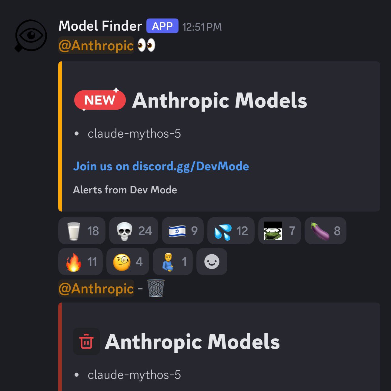 Discord Model Finder 봇 — NEW Anthropic Models: claude-mythos-5, 직후 삭제 알림