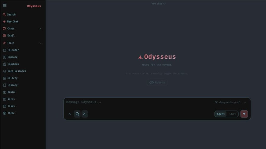 Odysseus 실제 UI — "Yours for the voyage", 사이드바에 Email·Deep Research·Brain 메뉴, 모델은 deepseek-v4