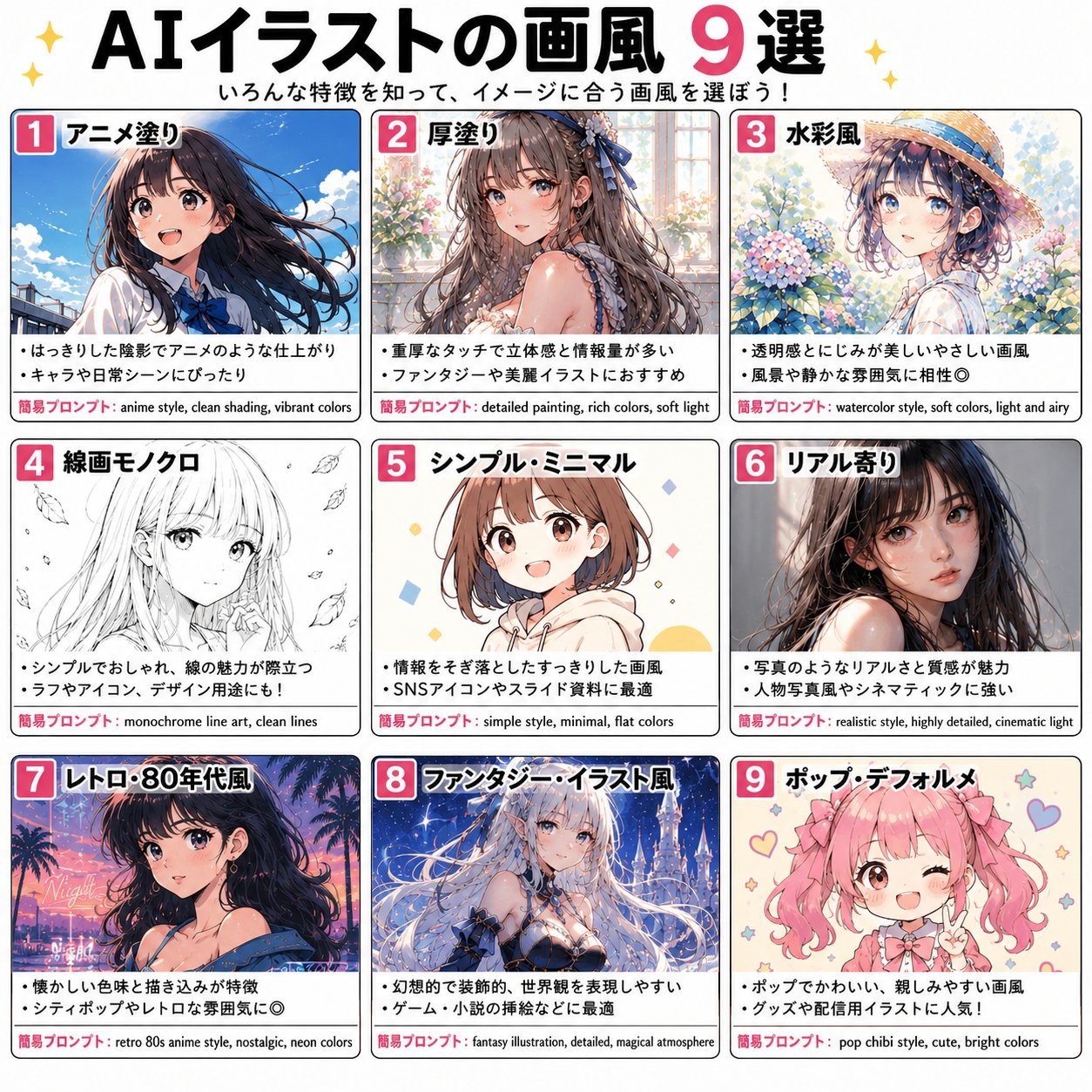 AI 일러스트 화풍 9선 — 화풍별 예시 그림과 기본 프롬프트가 한 장에
