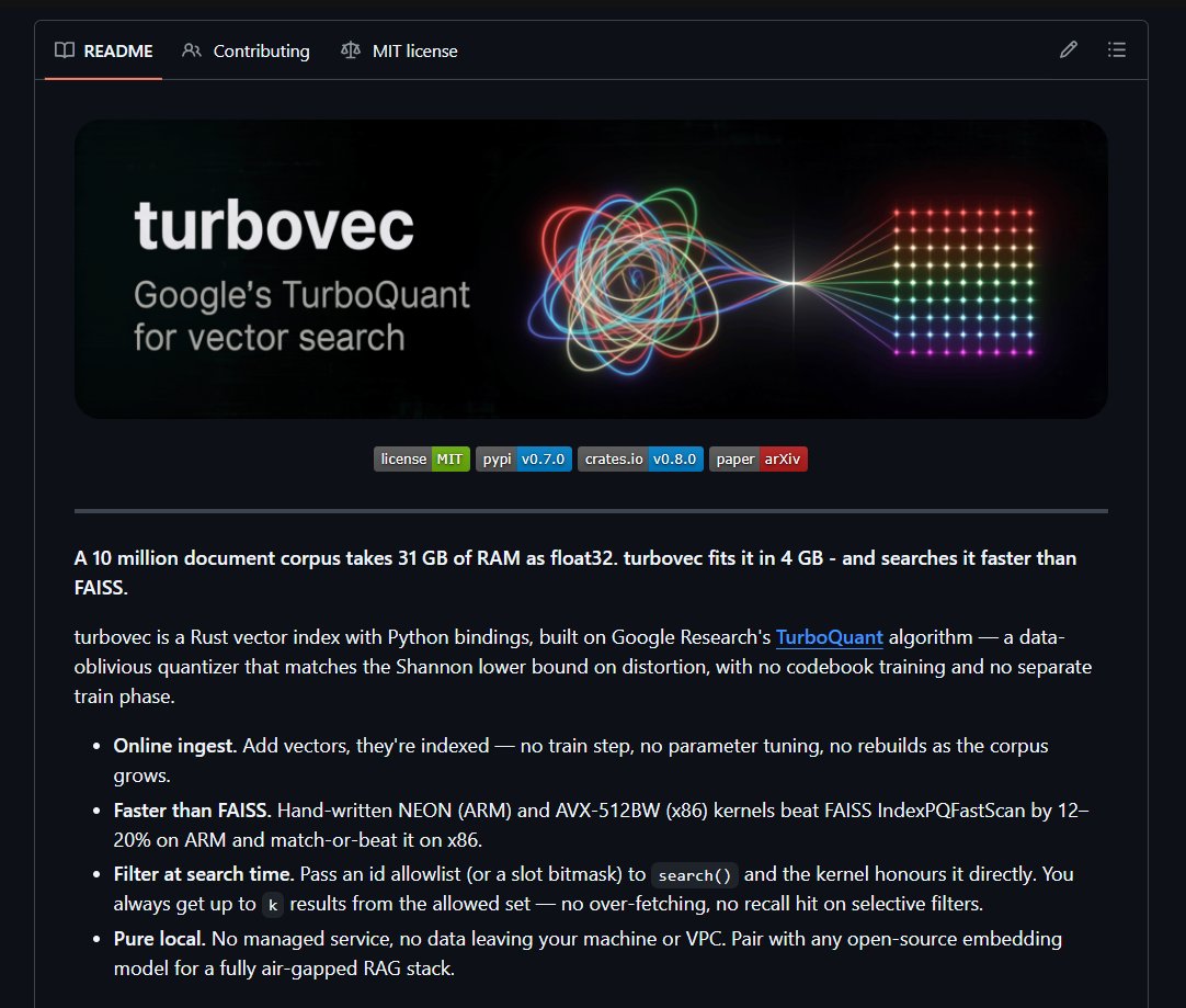 구글 TurboVec — 1천만 문서 31GB를 4GB로