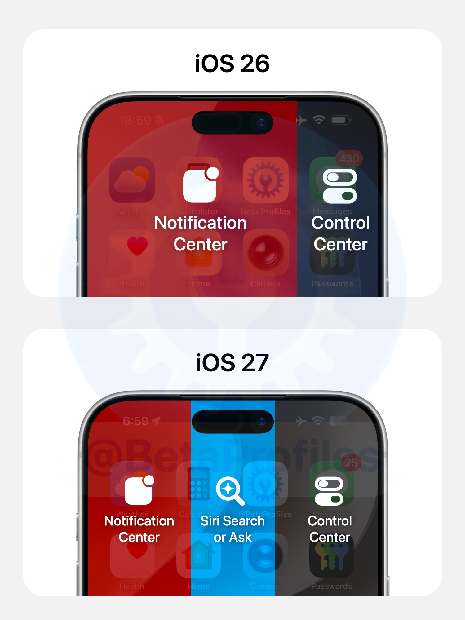 iOS 26 vs iOS 27 — 풀다운 3분할 비교
