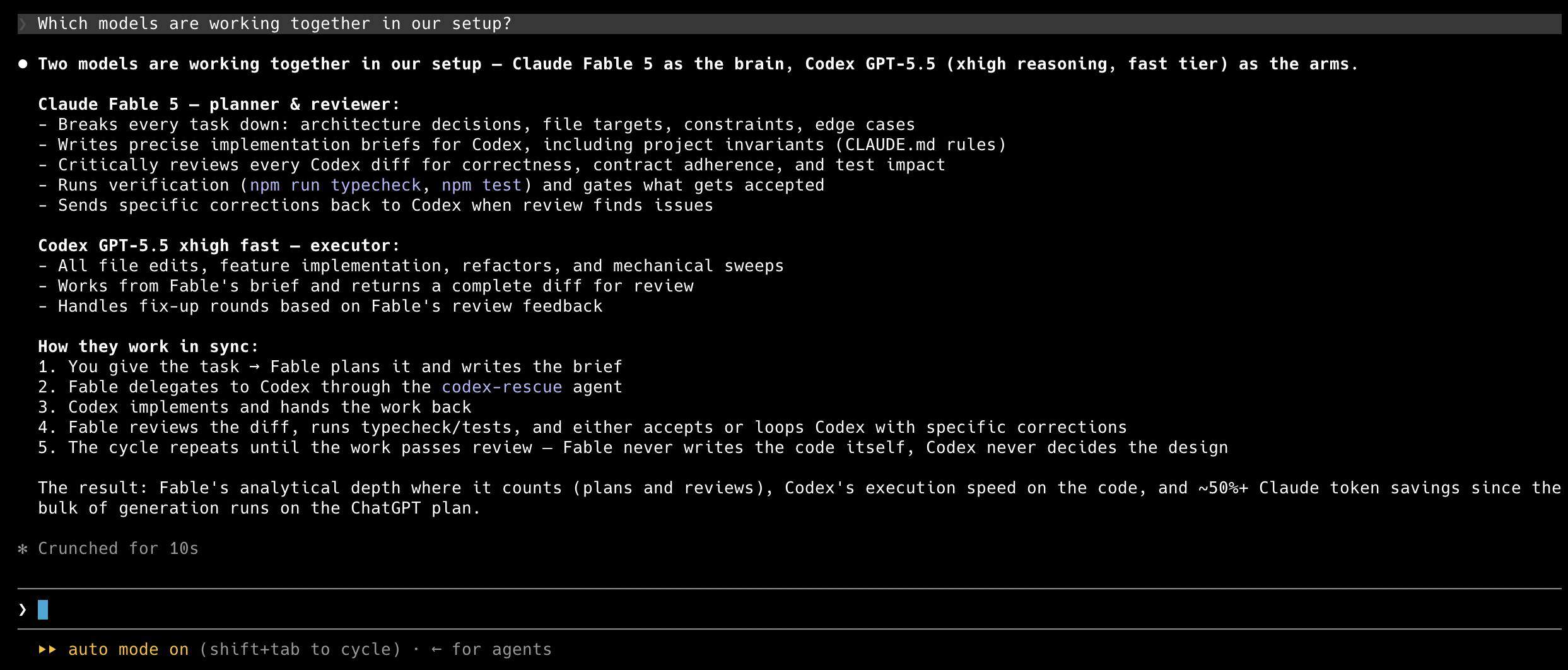Fable=두뇌, Codex=팔 — 분업 셋업 터미널 설명
