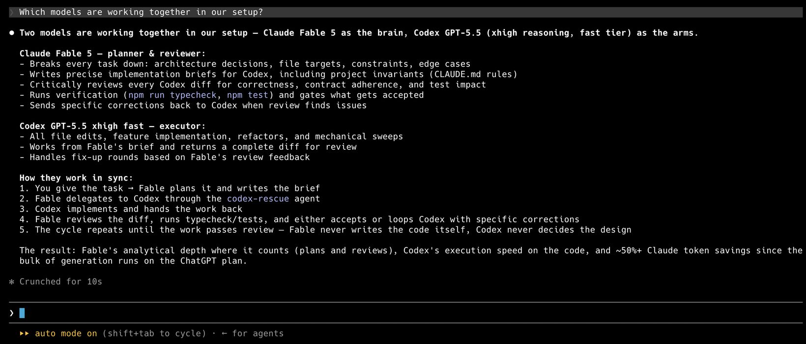 Fable=두뇌, Codex=팔 — 분업 셋업 터미널 설명