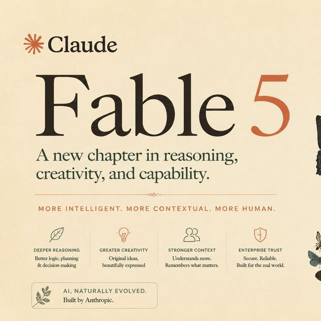 Fable 5 출시 당시 공식 크리에이티브 — "추론·창의성·역량의 새 장"