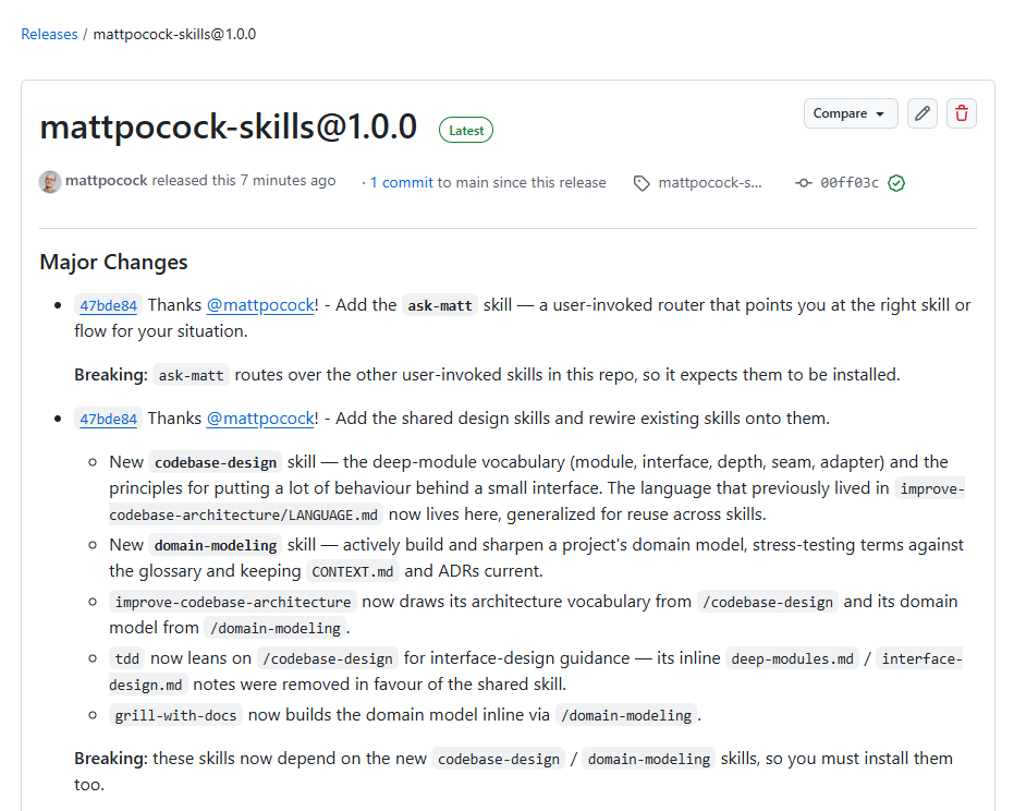 GitHub의 mattpocock-skills v1.0.0 릴리스 노트