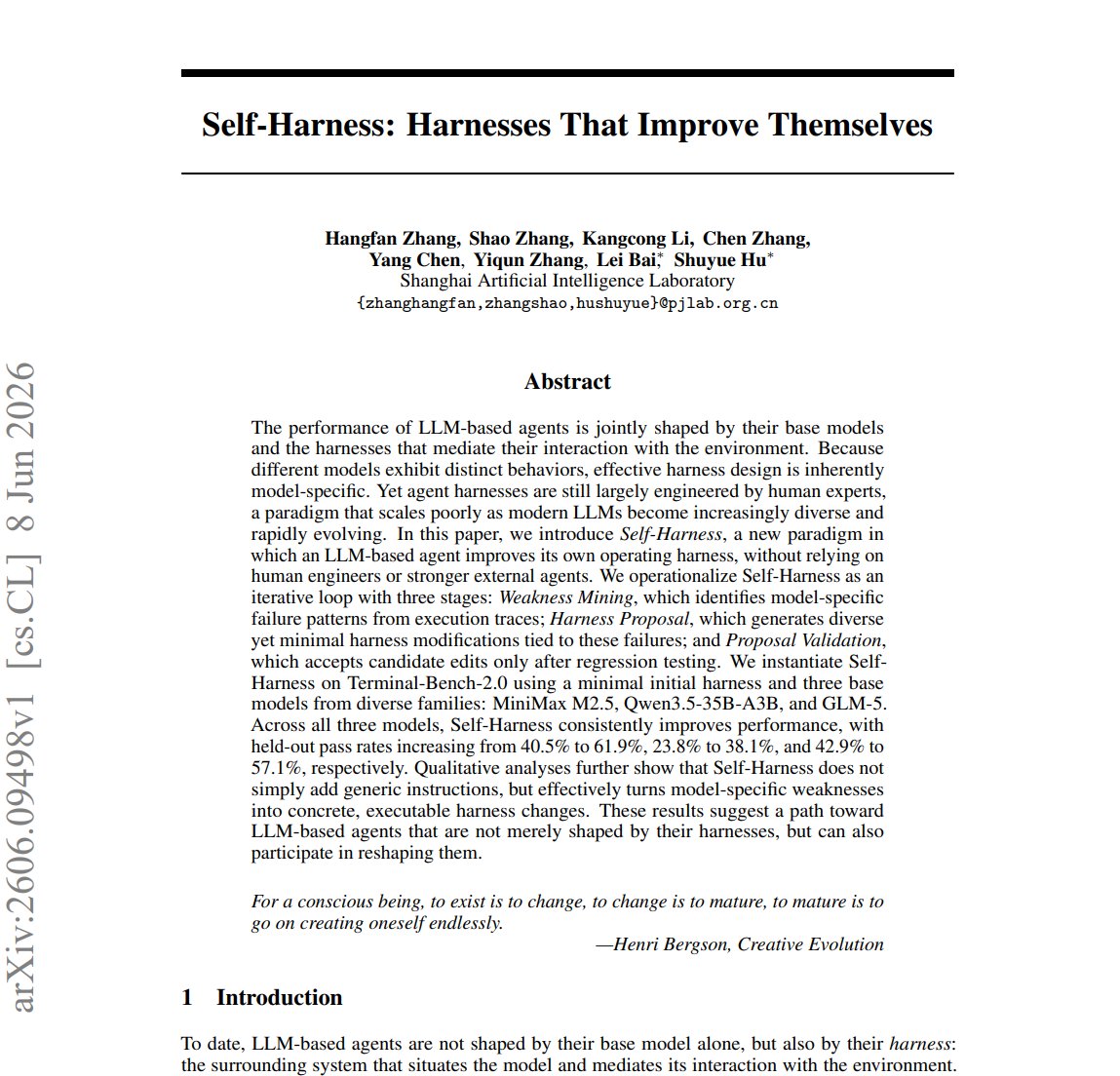 arXiv 논문 Self-Harness 첫 페이지