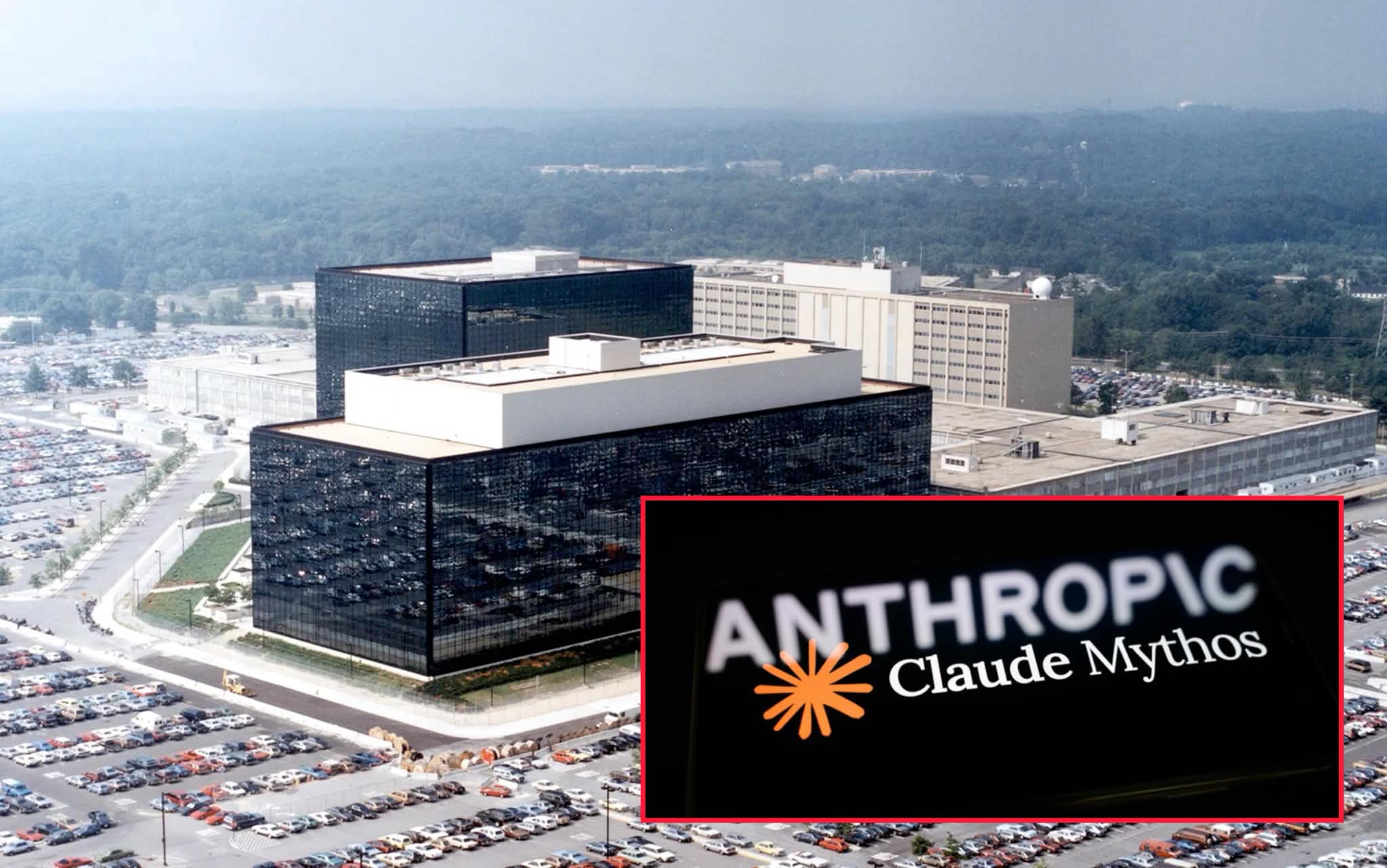 NSA 본부 항공사진에 'Anthropic Claude Mythos' 로고를 합성한 편집 이미지