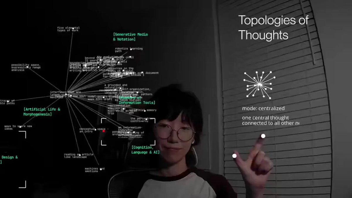 개인 노트 2천 개를 3D로 연결한 'Topologies of Thoughts' 화면