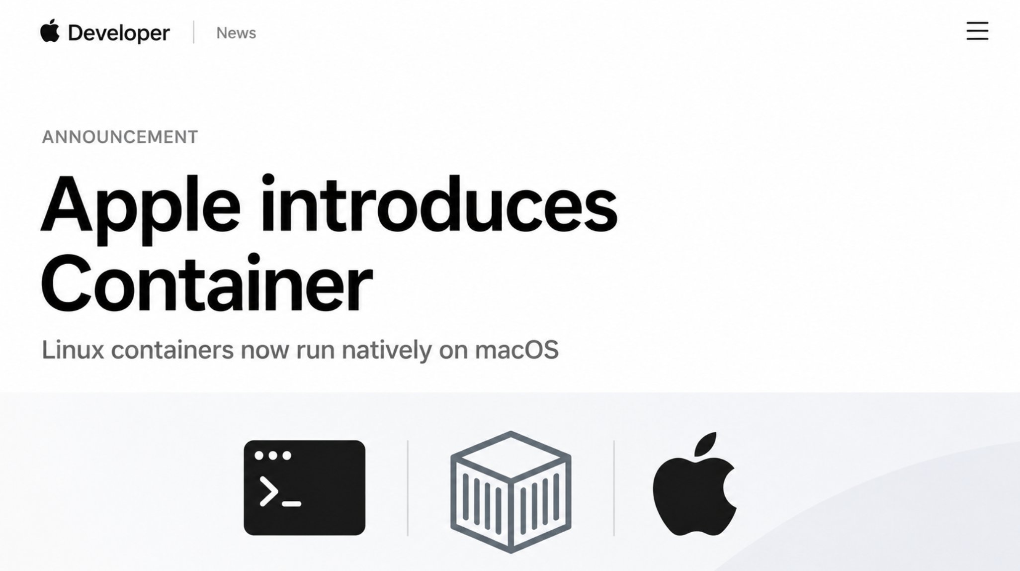 애플 개발자 뉴스 — 'Apple introduces Container' 발표 화면