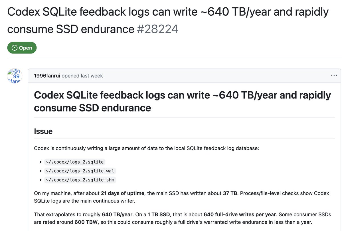 Codex SSD 마모 깃허브 이슈 #28224 — 연 640TB 쓰기 추정