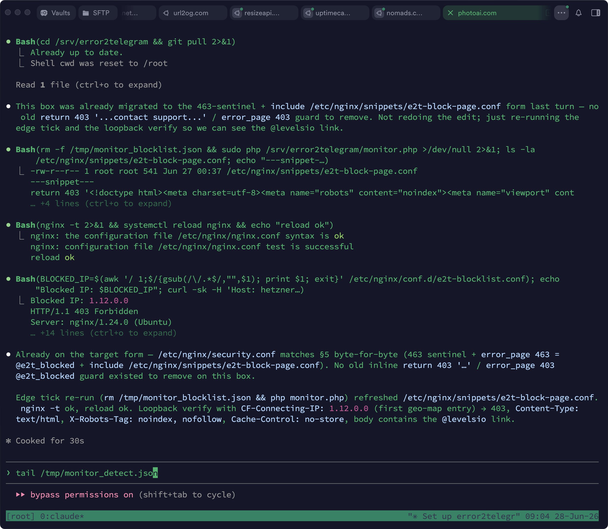 Claude Code 터미널 세션 — VPS에서 nginx·차단목록 관리