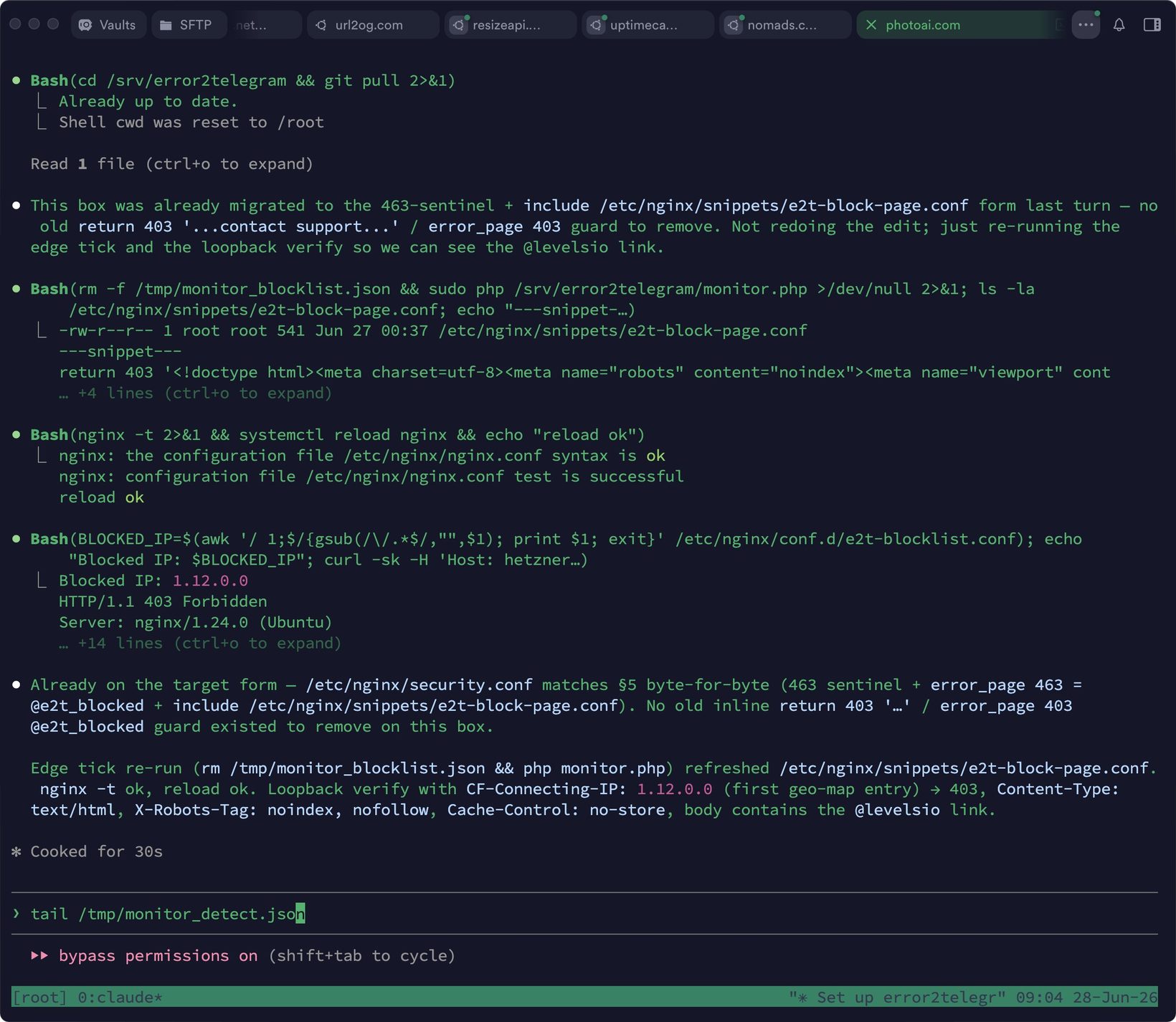 Claude Code 터미널 세션 — VPS에서 nginx·차단목록 관리