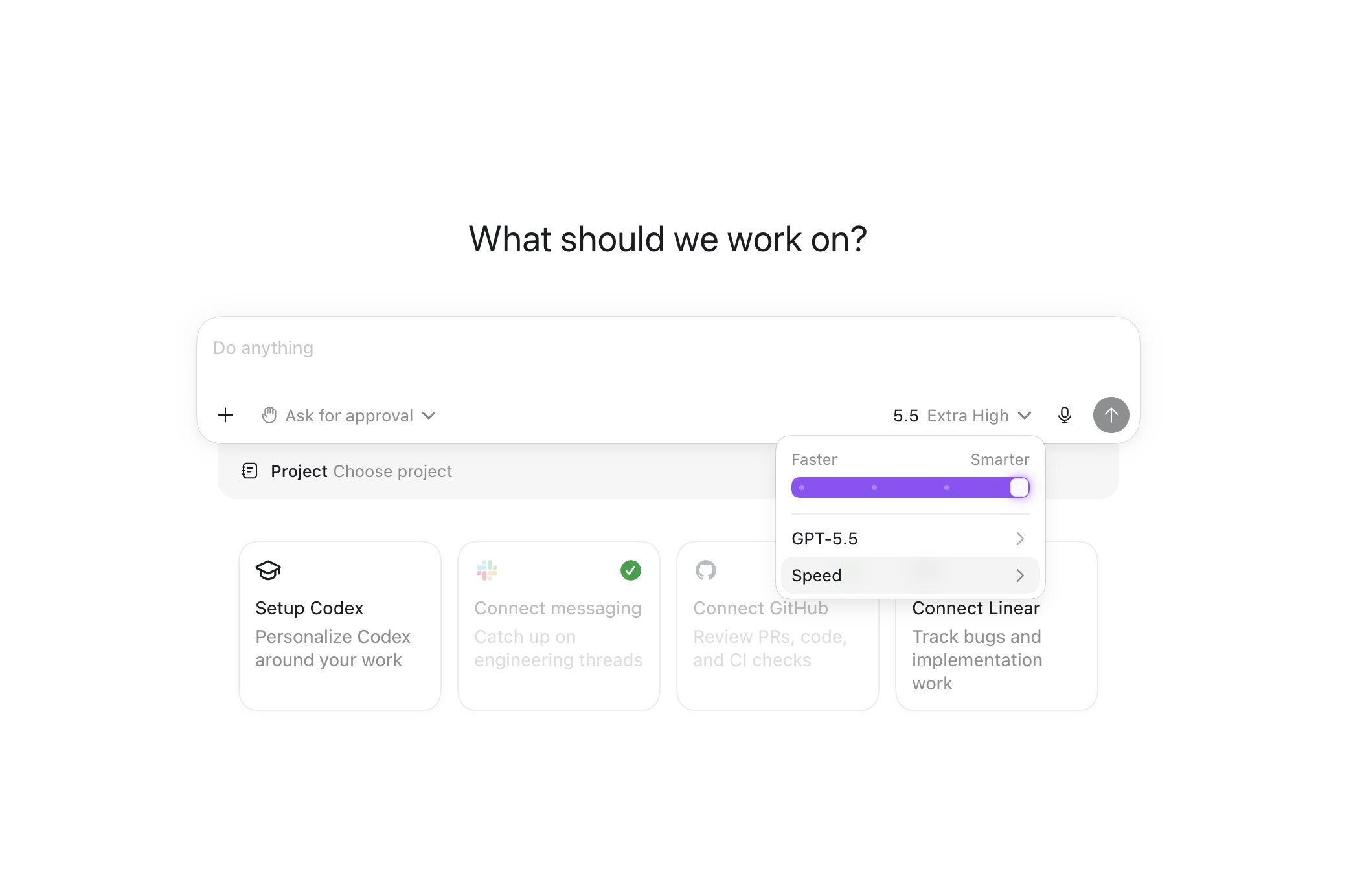 Codex 'What should we work on?' — 추론 강도 슬라이더 UI