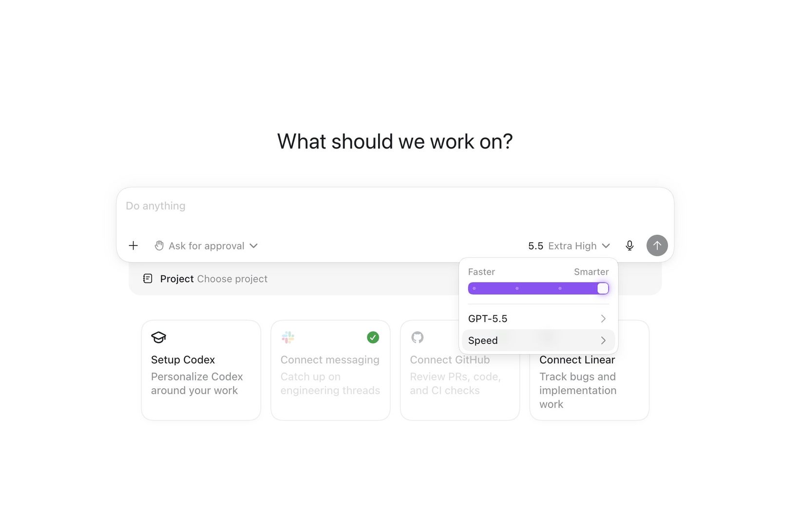 Codex 'What should we work on?' — 추론 강도 슬라이더 UI