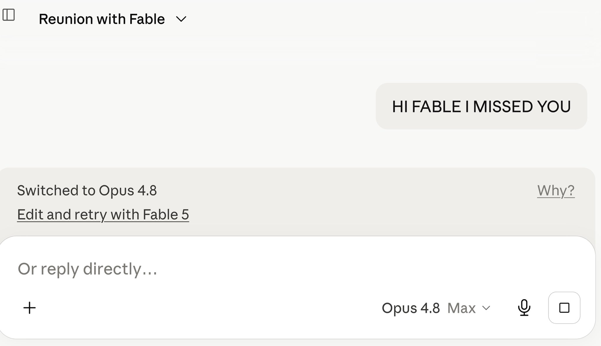 대화 첫 인사조차 Opus 4.8로 전환되는 화면
