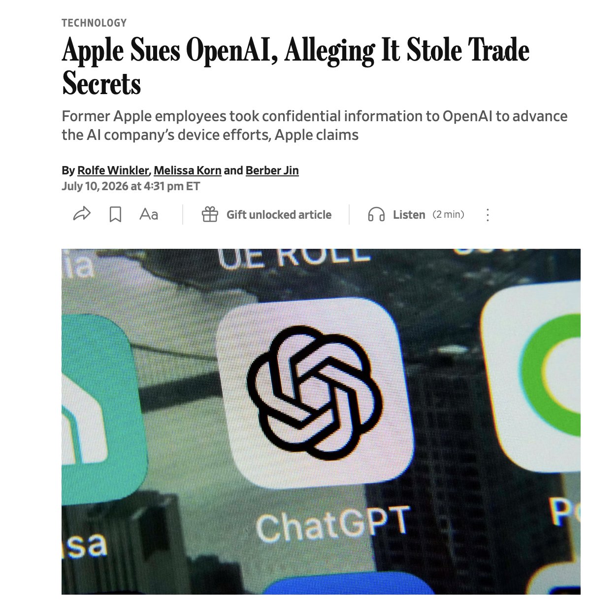 WSJ 헤드라인 — 애플의 오픈AI 제소