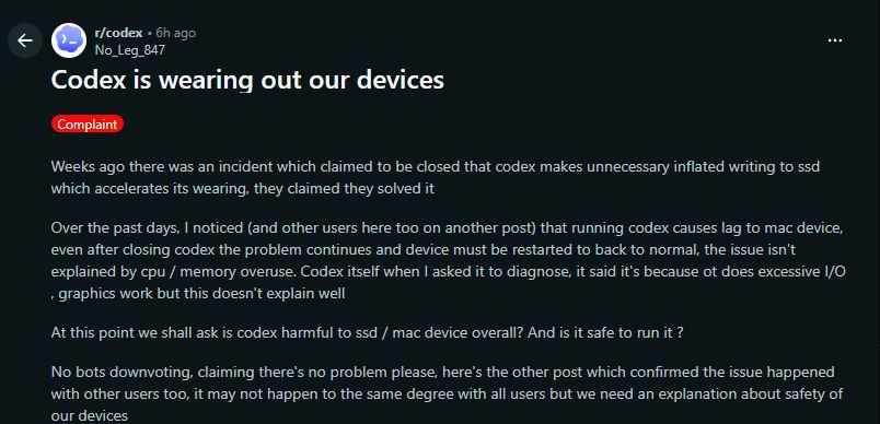 r/codex — "코덱스가 우리 기기를 닳게 하고 있다"