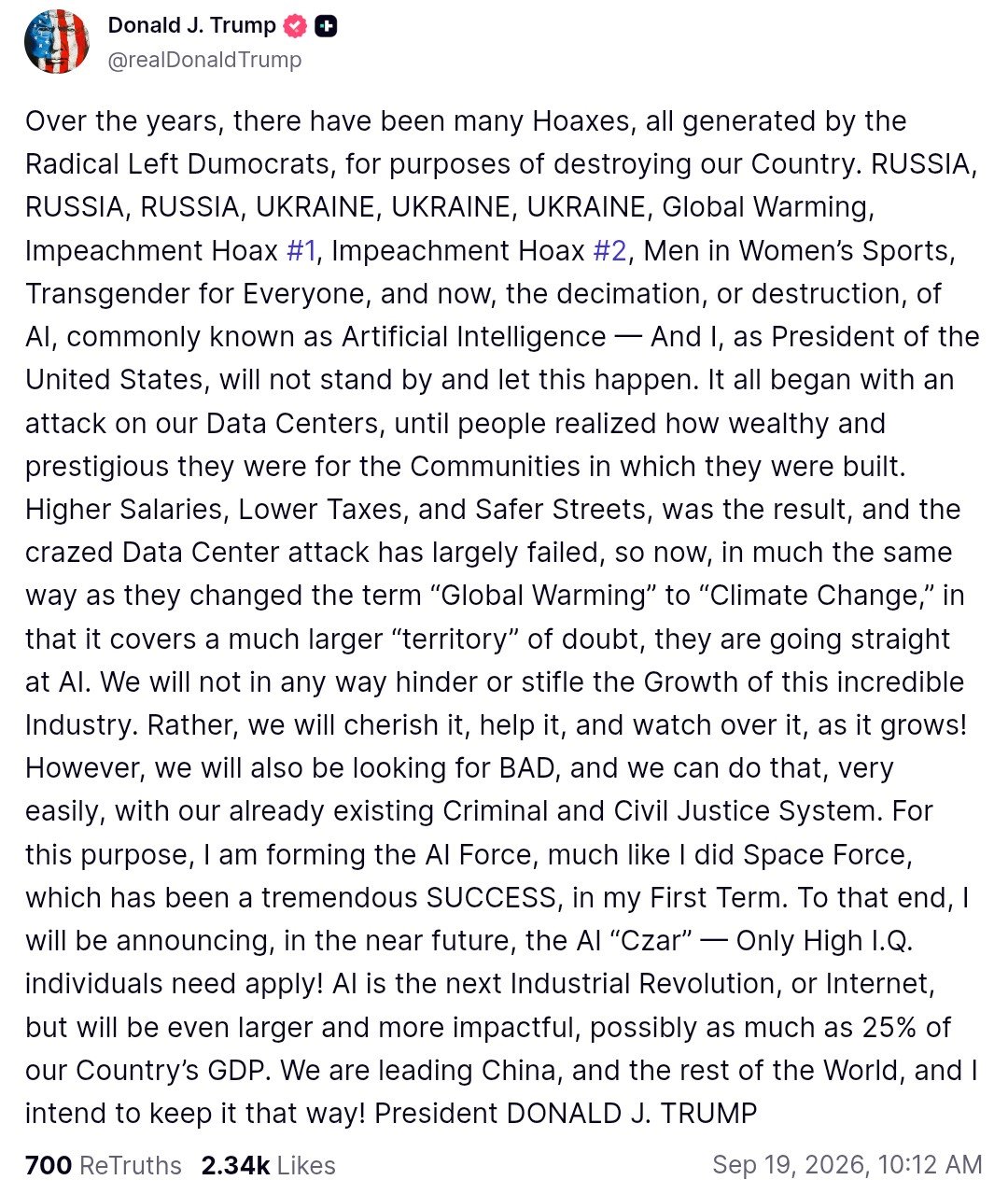 Trump의 Truth Social 게시물