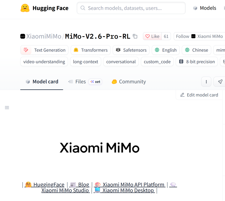Hugging Face에 올라온 MiMo-V2.6-Pro-RL