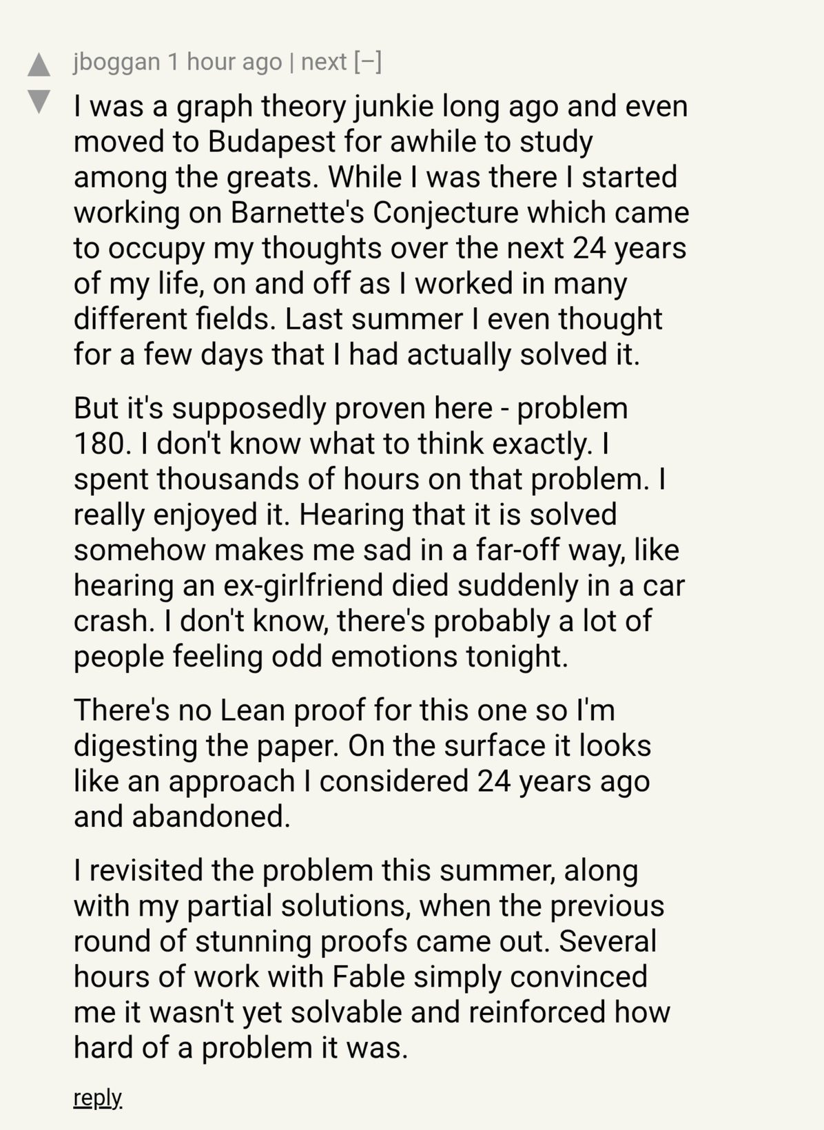 24년 붙든 문제가 풀렸다는 소식을 접한 해커뉴스 이용자의 댓글