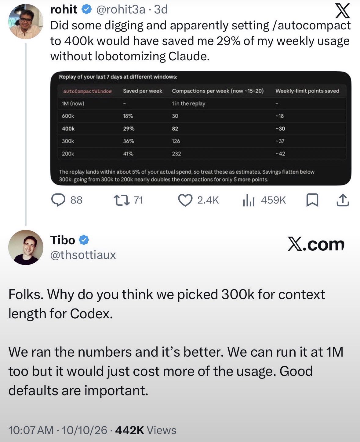 Codex 기본값을 설명한 Tibo의 답글
